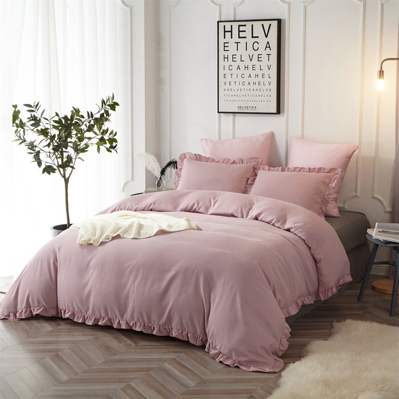 HYPREST Queen Duvet Cover Set- Microfiber Soft Comfortable Farmhouse Aesthetic Ruffled Pink Blush Duvet Cover Bedding Set with Zipper Closure and 4 Corner Ties, Oeko-TEX Certificated (No Comforter) - Image 2